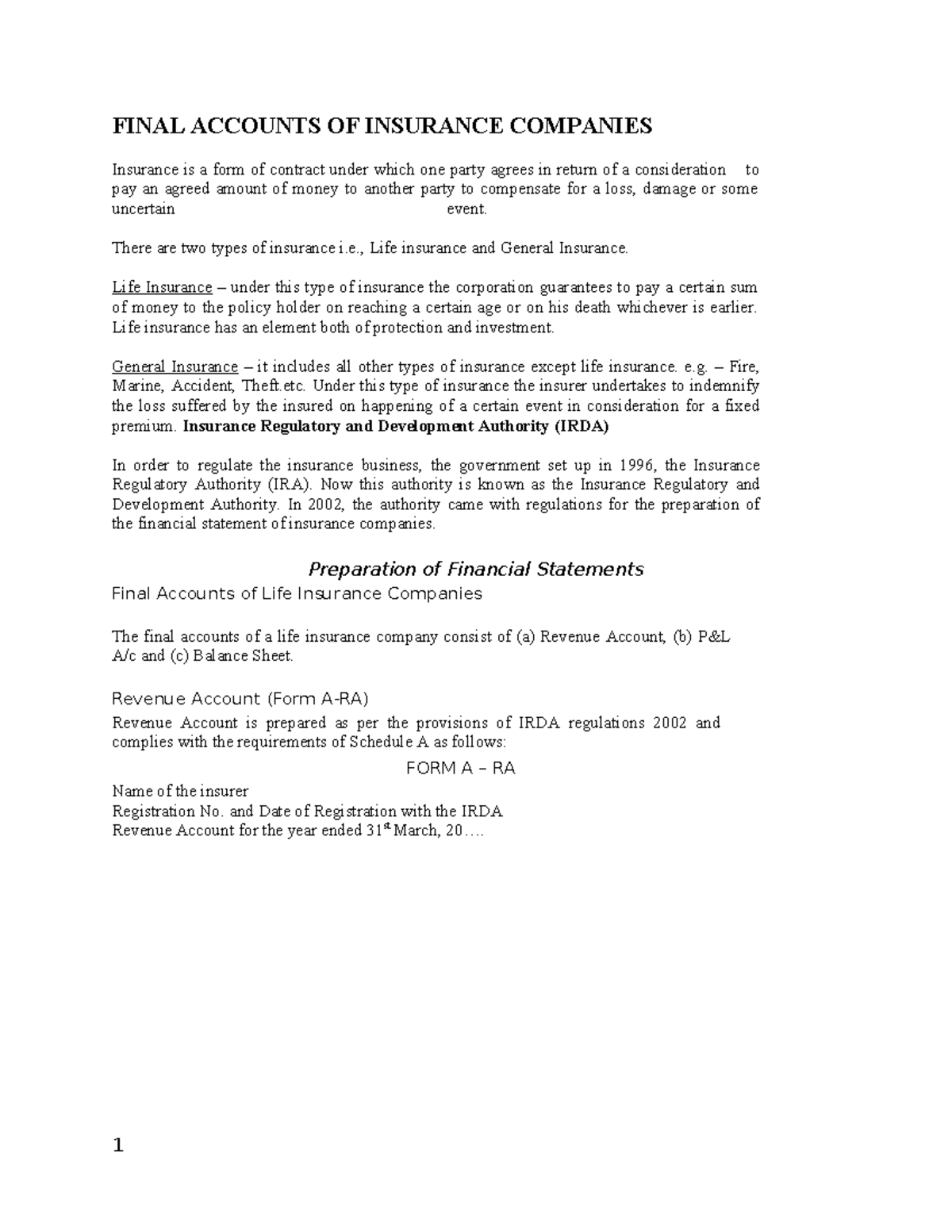 FINAL ACCOUNTS OF INSURANCE COMPANIES: A Comprehensive Overview - Studocu