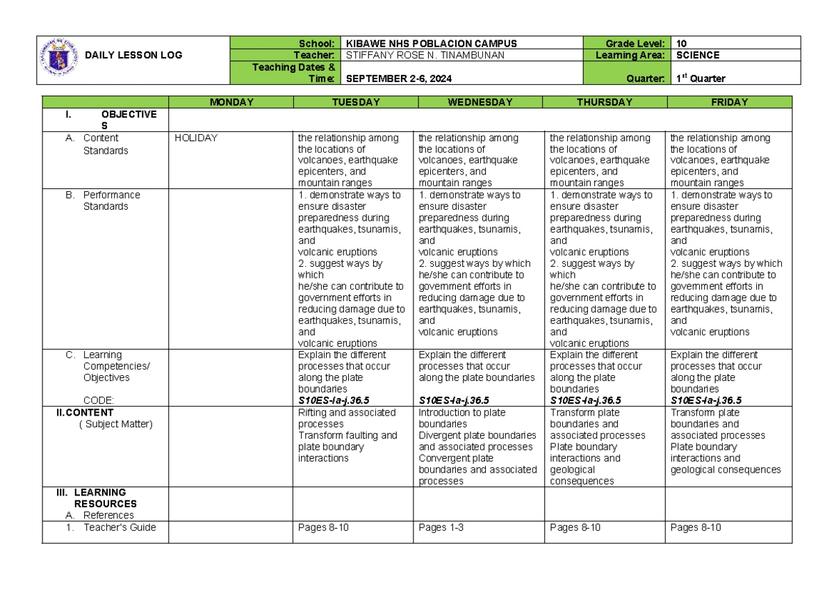 Science 10 Wk2 - Daily Lesson Log on Plate Tectonics and Volcanoes ...
