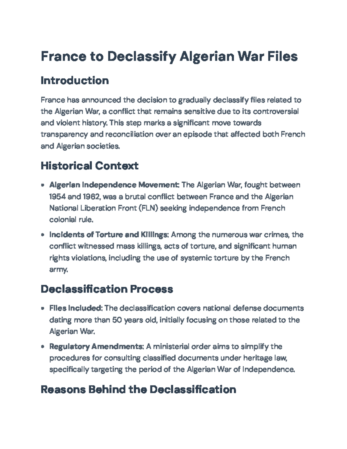 Final Exam Study Guide for History 101 - France to Declassify Algerian ...