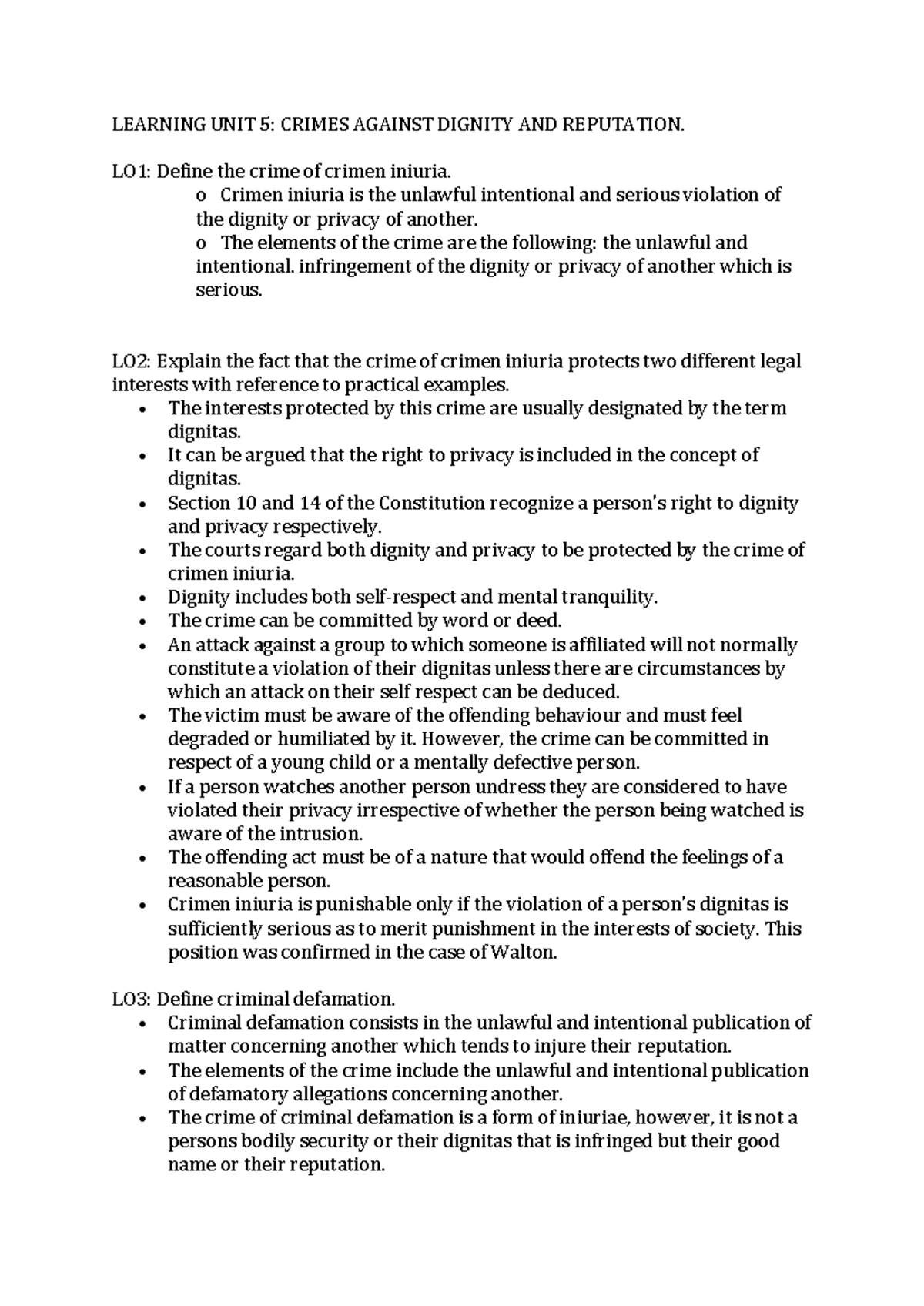 LEARNING UNIT 5: CRIMES AGAINST DIGNITY & REPUTATION Notes - Studocu