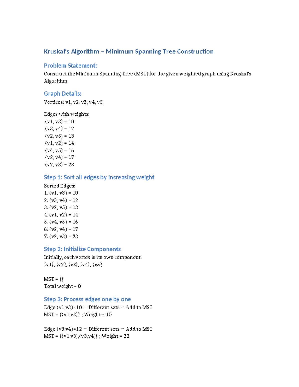 Ctcicu - Kruskal's Algorithm for Minimum Spanning Tree - Studocu