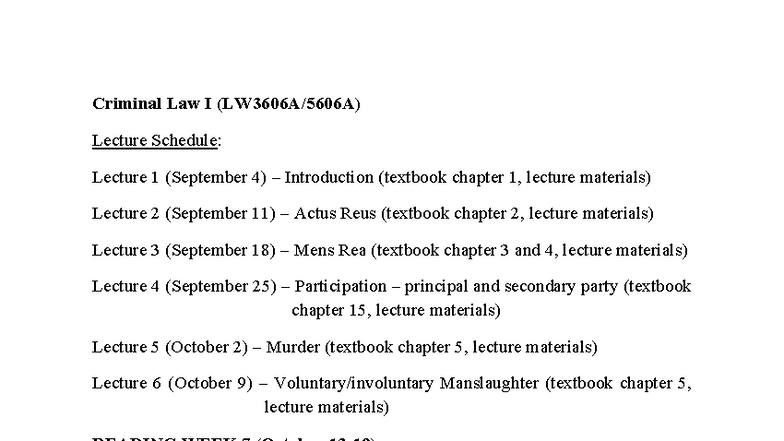 Criminal Law I Lecture Schedule: Key Topics & Dates - Studocu