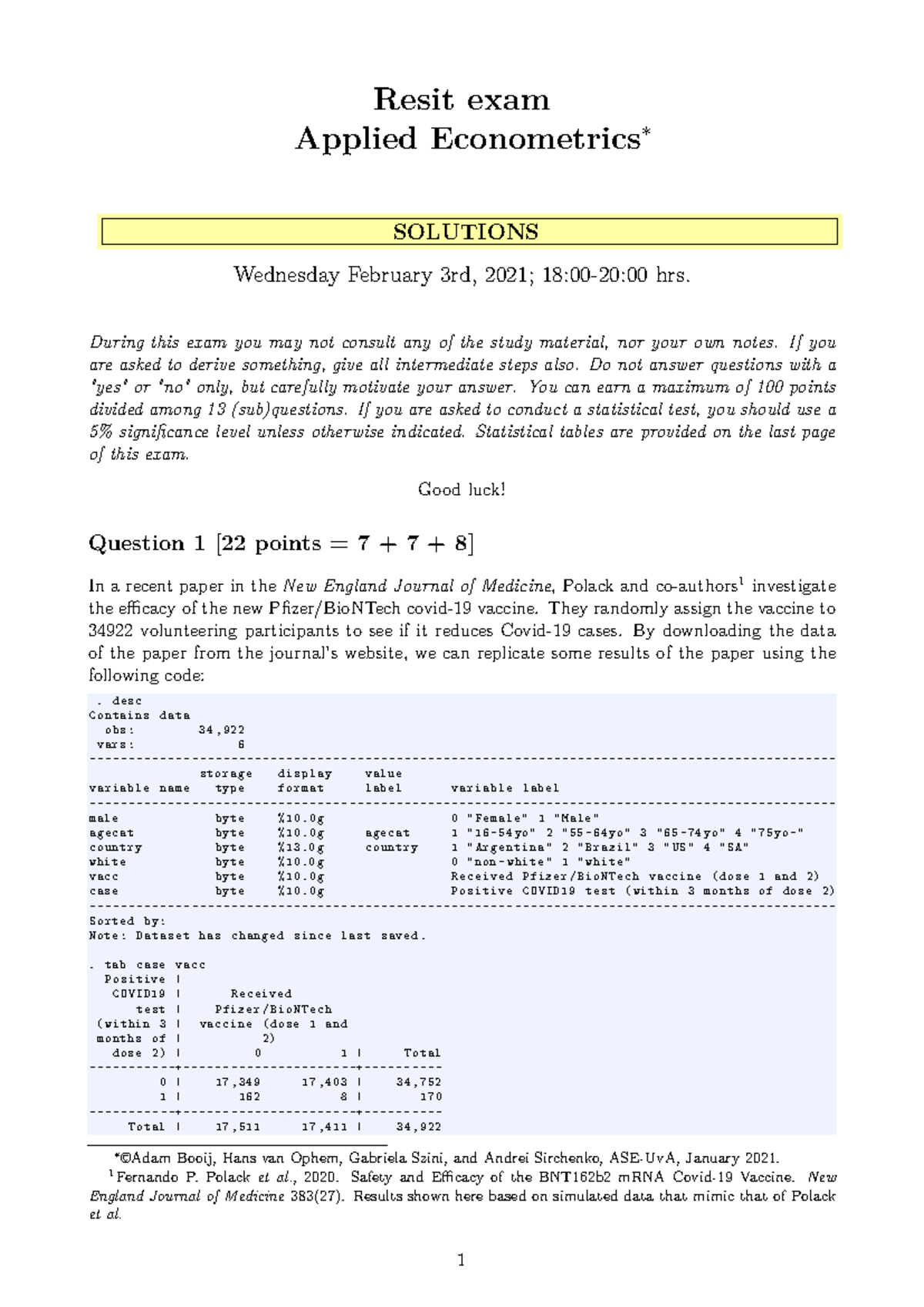 Resit Exam Solutions for Applied Econometrics 2020/2021 - Studeersnel