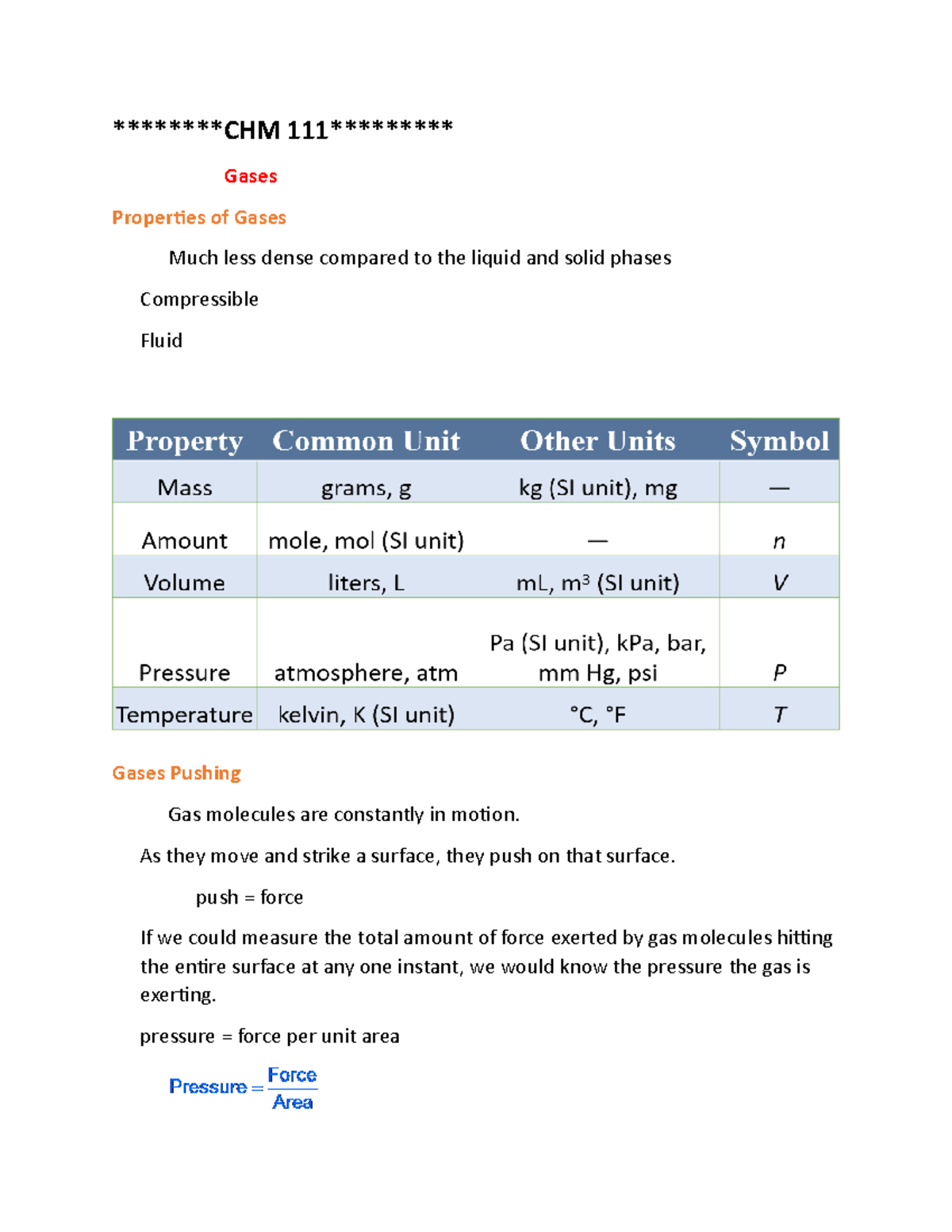 CHM 111 Chapter 11 - Comprehensive Notes on Gases and Their Behavior ...