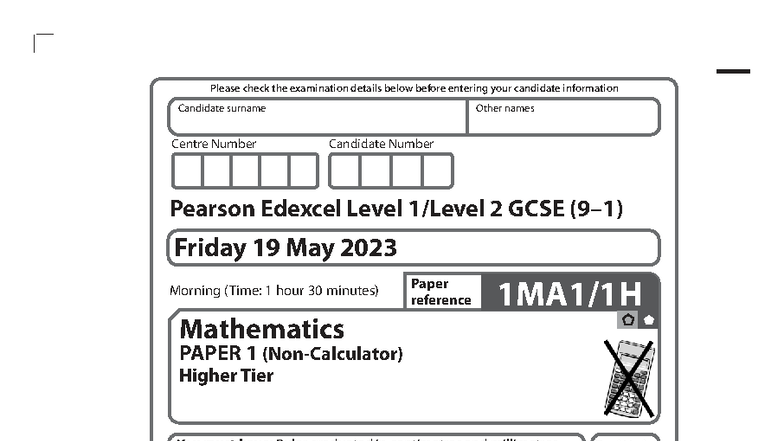 Mathematics Paper 1 Higher Tier Exam Details - GCSE 1H May 2023 - Studocu