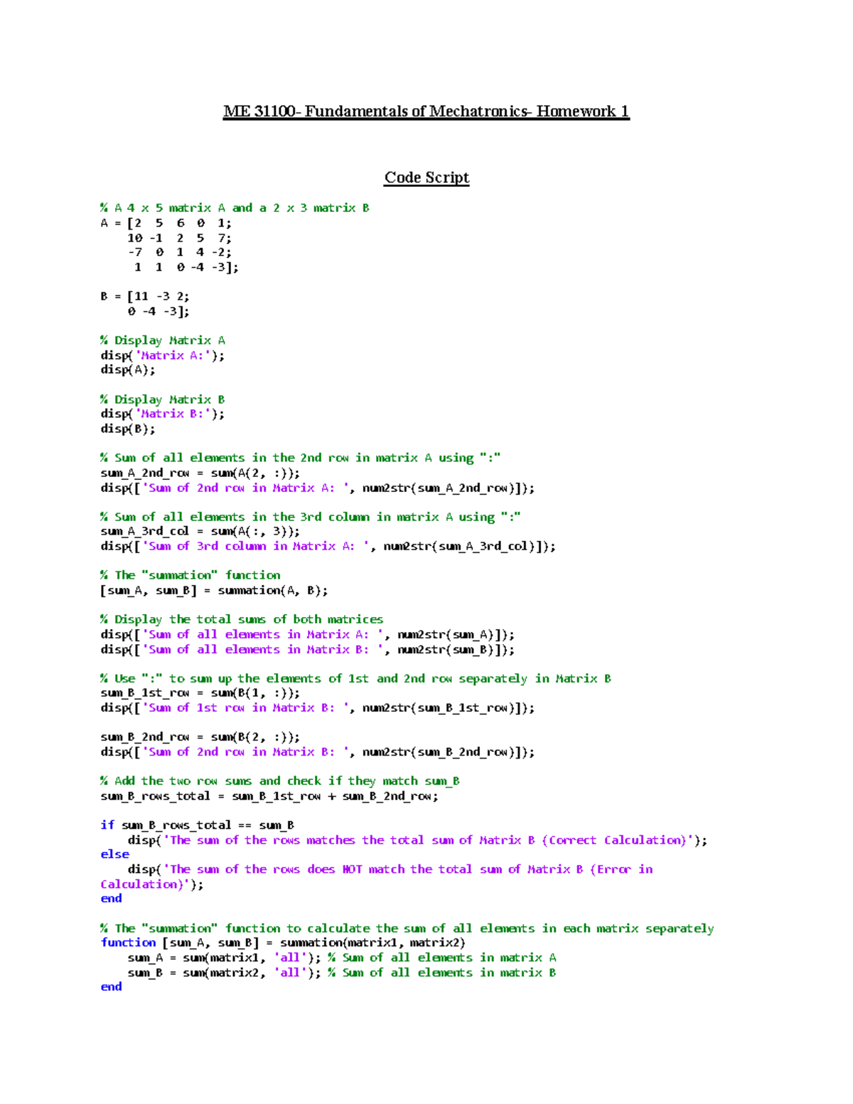 ME 31100 Fundamentals of Mechatronics - Homework 1 Code Script - Studocu