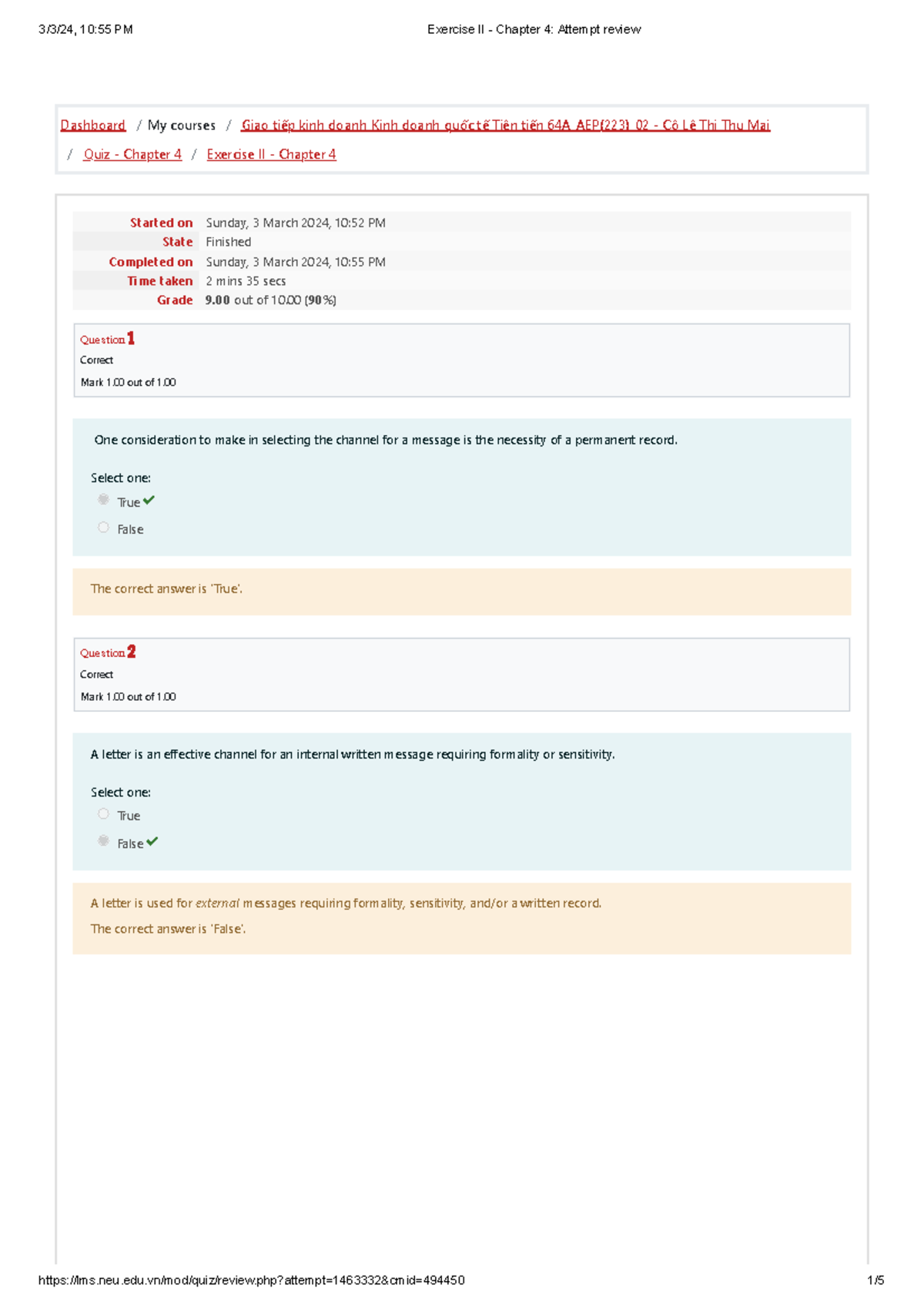 Exercise II - Chapter 4 Attempt review - Dashboard / My courses / Giao ...