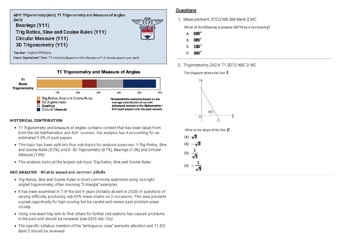 Trigonometry T1 (Adv) Exam Prep: Ratios, Rules & Analysis - Studocu