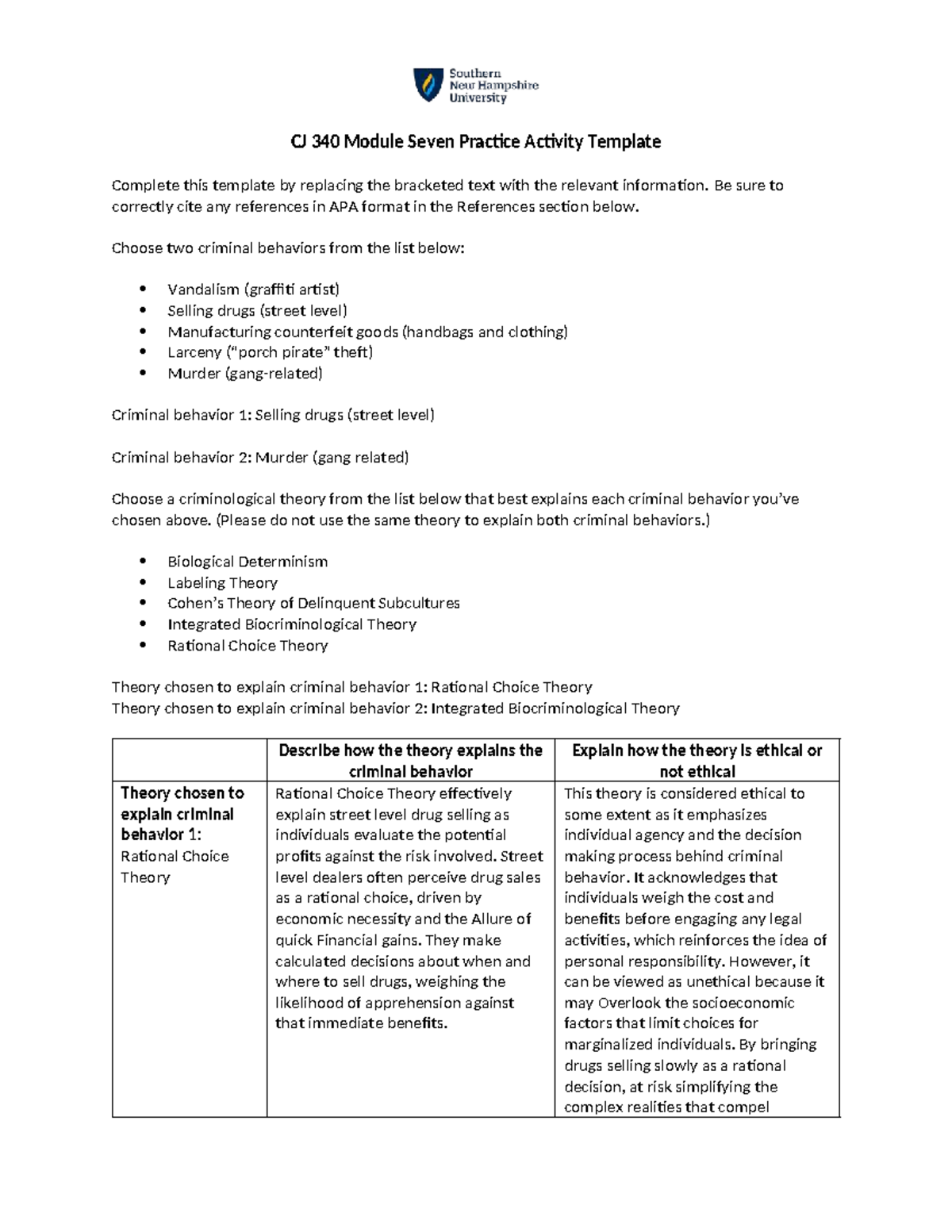 CJ 340 Module 7 Practice Activity: Analyzing Criminal Behaviors and ...