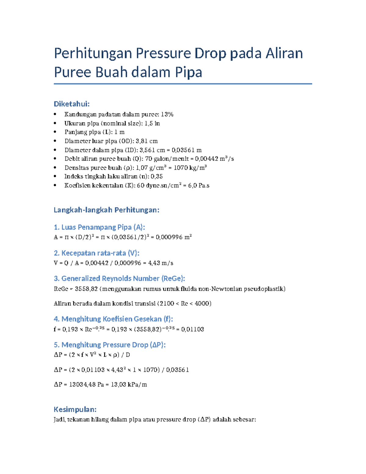 Perhitungan Pressure Drop pada Aliran Puree Buah dalam Pipa - Studocu