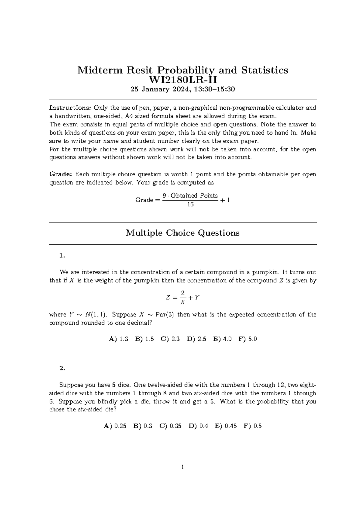 Midterm Resit Probability & Stats WI2180LR-II - Jan 2024 Exam Guide ...