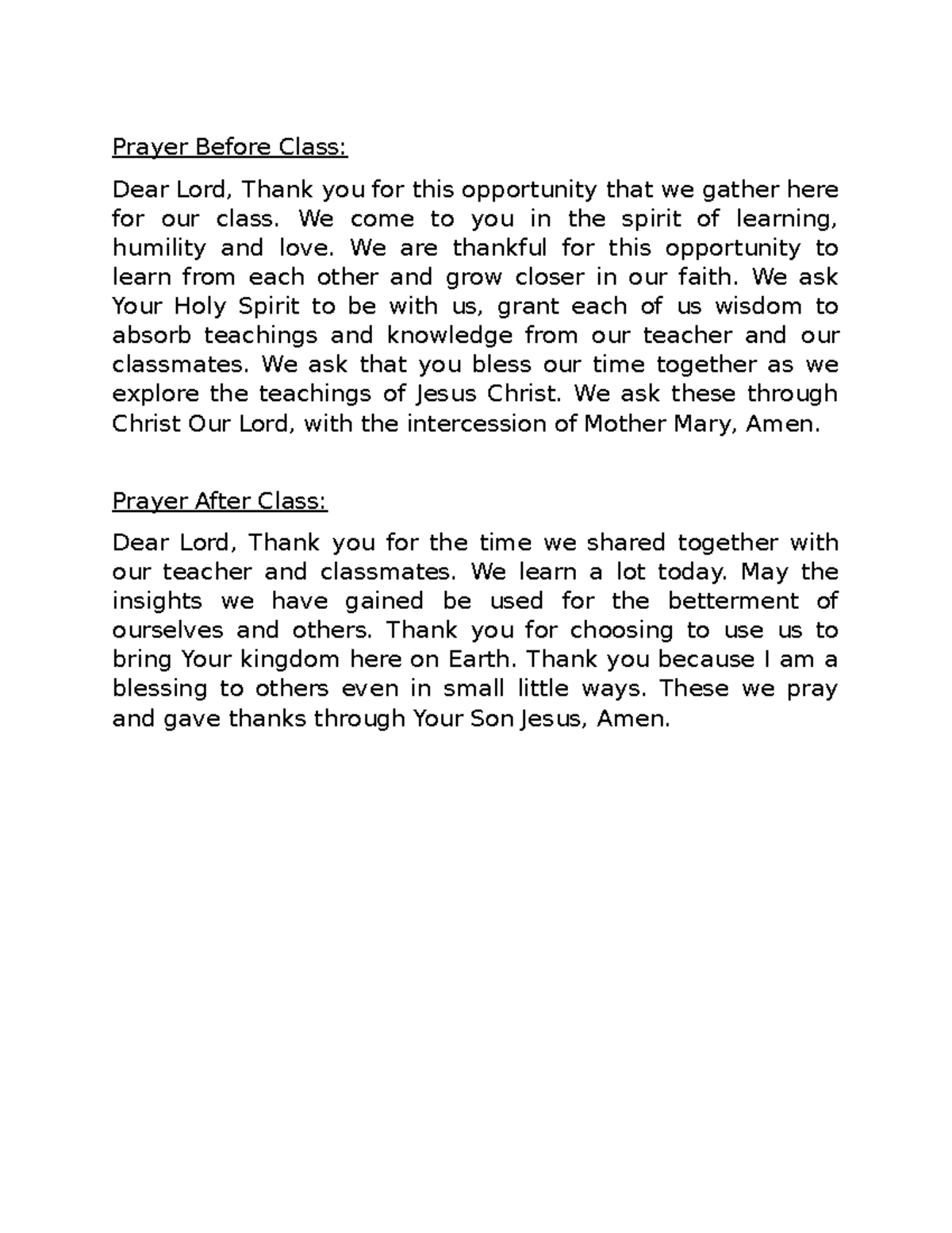 Prayer Before and After Class: A Guide for Spiritual Reflection - Studocu