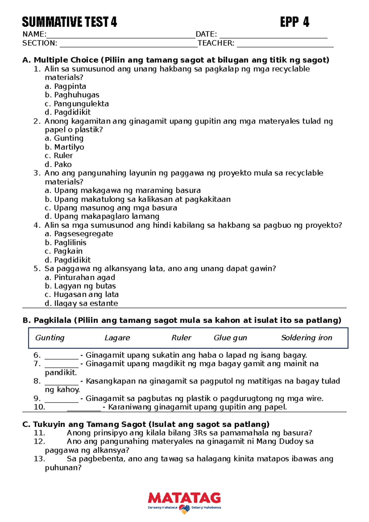 EPP 4 Summative Test 04 - Quarter 4 Review and Answers - Studocu