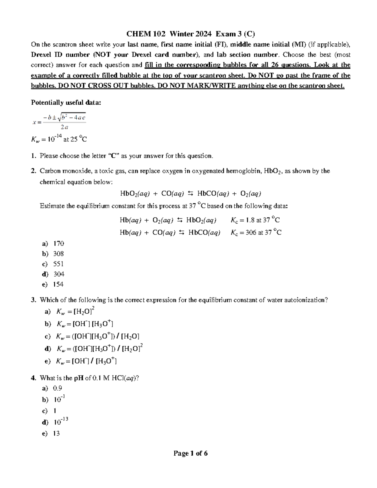 CHEM 102 W24c Exam 3 with Answer Key - Studocu
