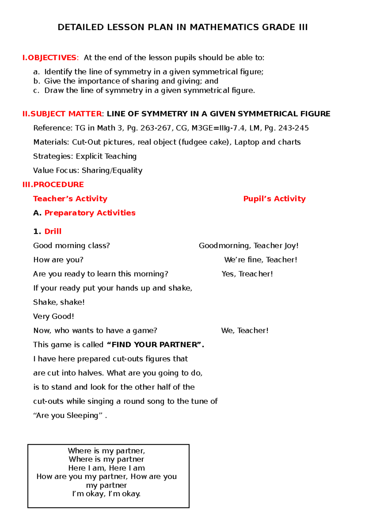Lesson Plan MATH 3: Line of Symmetry for Grade III Students - Studocu