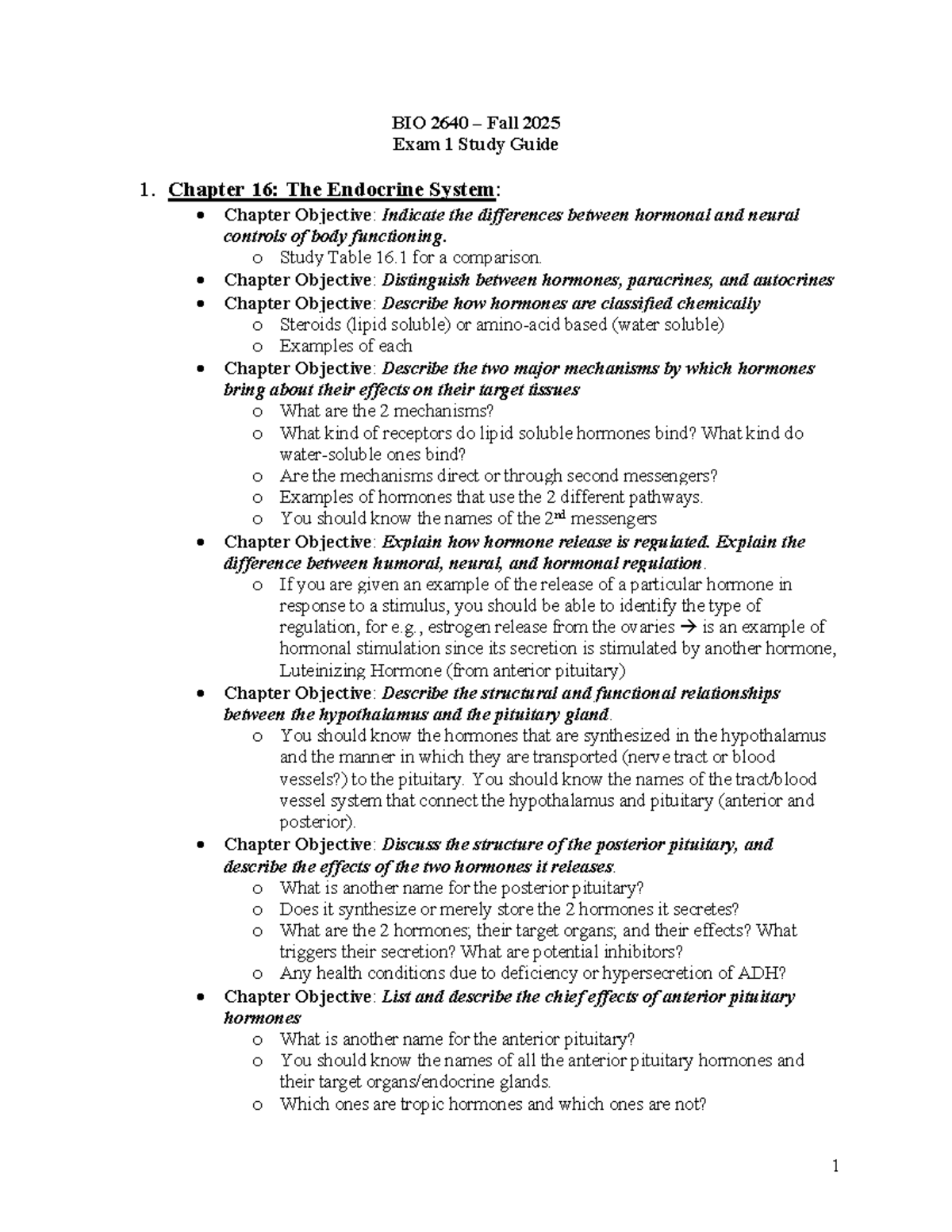 BIO 2640 – Fall 2025 Exam 1 Study Guide: Endocrine System Insights ...