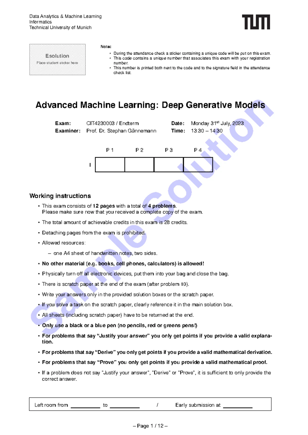 Advanced Machine Learning Exam P1 - Solutions for 2024 - Studocu