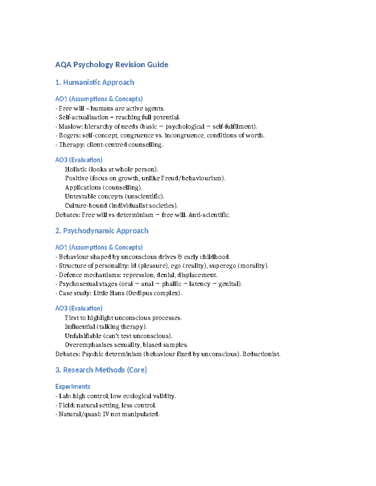 AQA Psychology Revision Guide: Humanistic & Psychodynamic Approaches ...