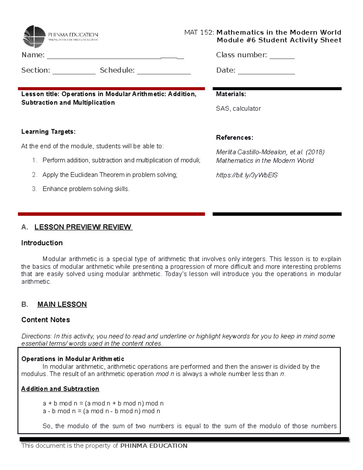 MAT-152-SAS6 - Student Activity Sheet: Modular Arithmetic Operations ...
