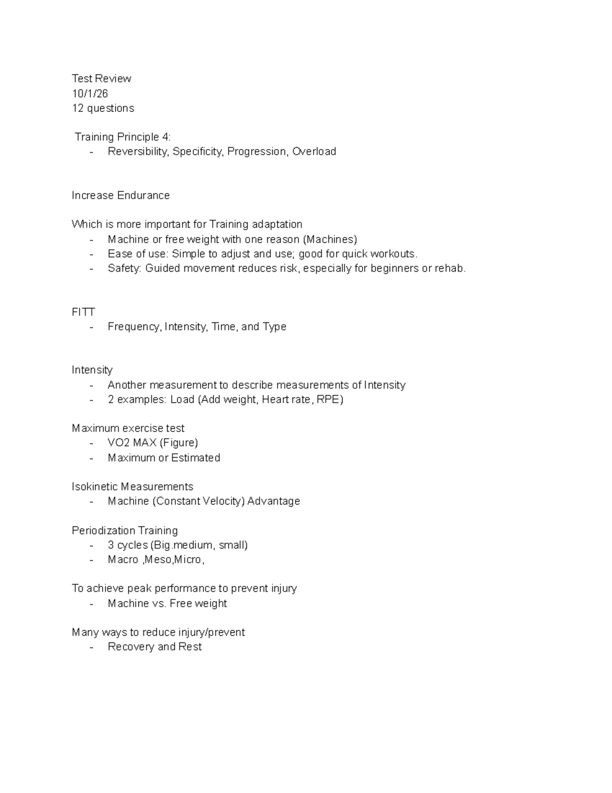 Test Review: Training Principles & Performance Adaptation - Studocu