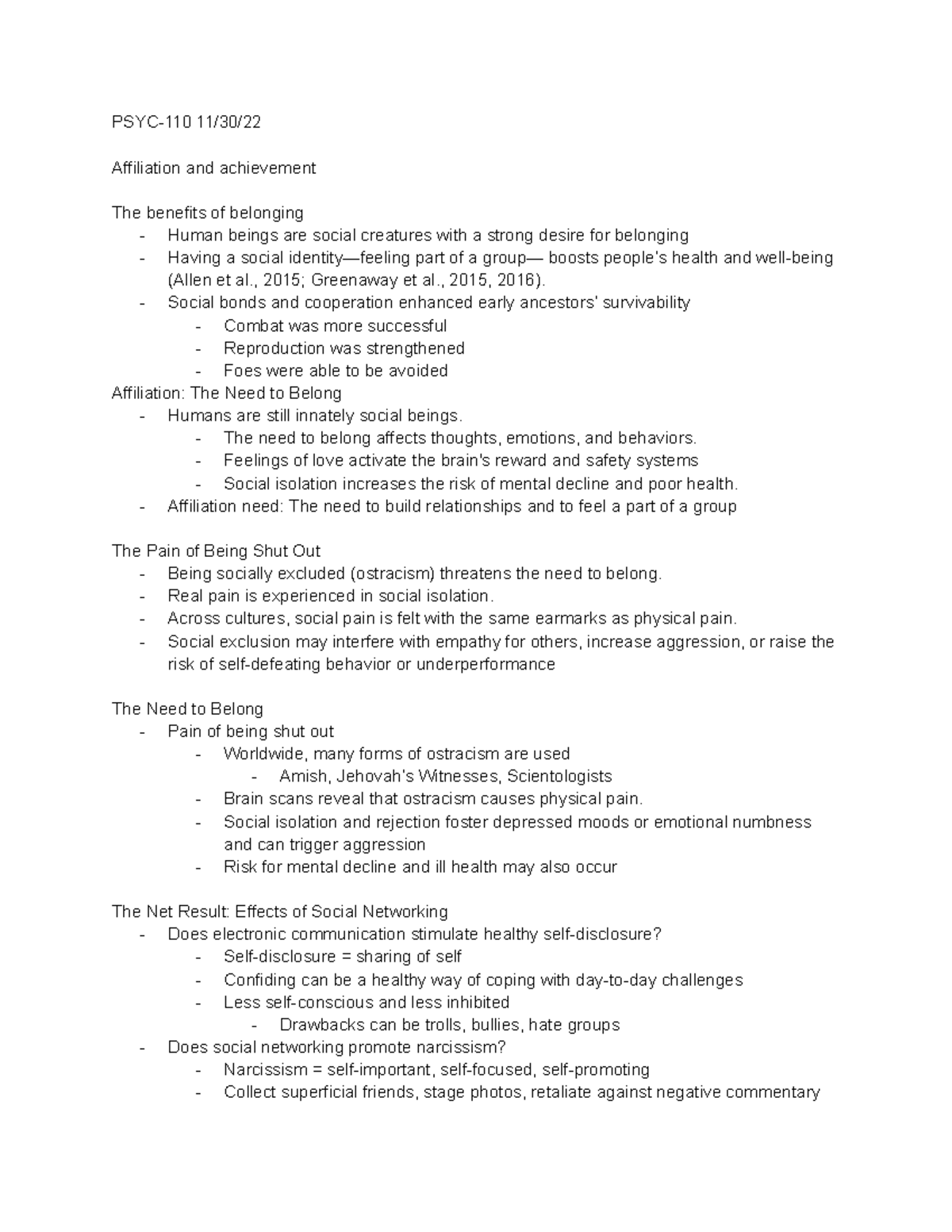 PSYC-110: Psychological Sciences I - Affiliation & Achievement Notes ...