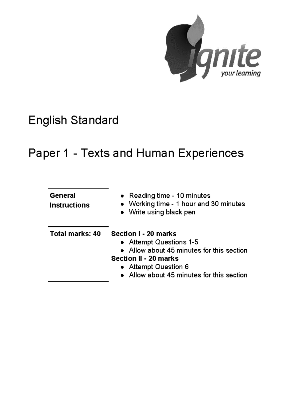 Standard English Common Module Practice Paper 2: Texts & Human ...
