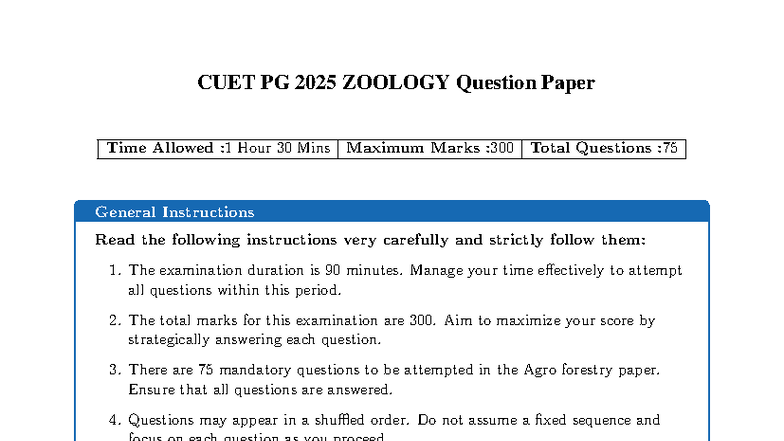 CUET PG 2025 ZOOLOGY Question Paper with Instructions and Questions ...