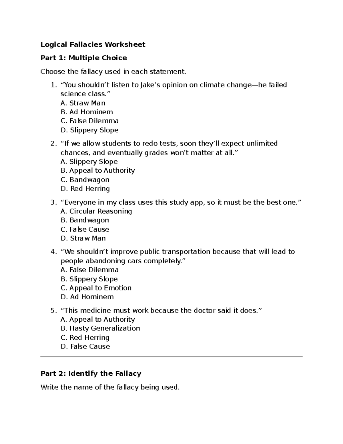 Logical Fallacies Worksheet WS: MC, Identify & Match Fallacies - Studocu