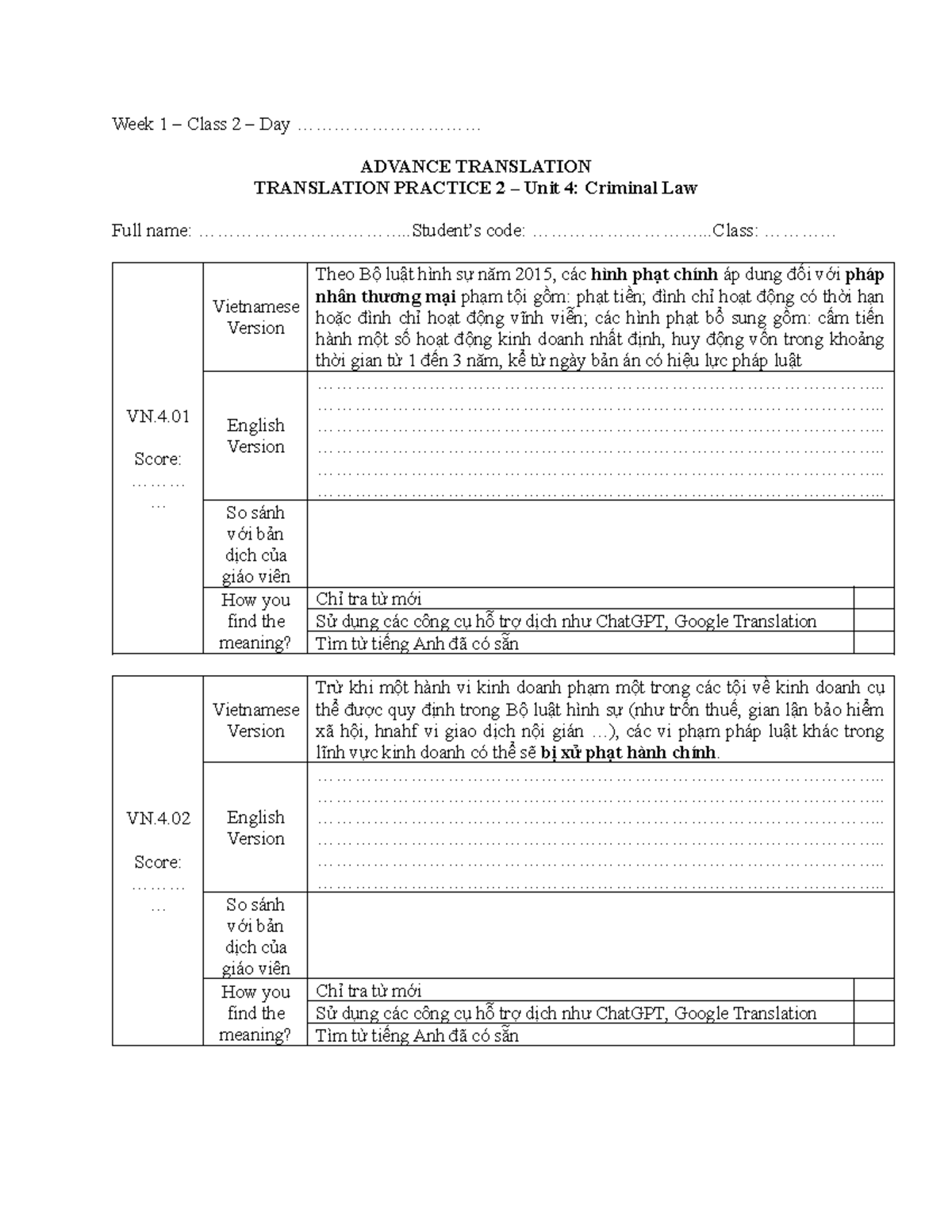 VN.4.01 Translation Practice: Criminal Law Unit 4 - Week 1 Class 2 ...