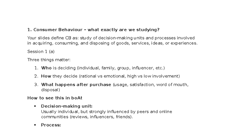CB - Consumer Behaviour Class Notes and Key Insights - Studocu