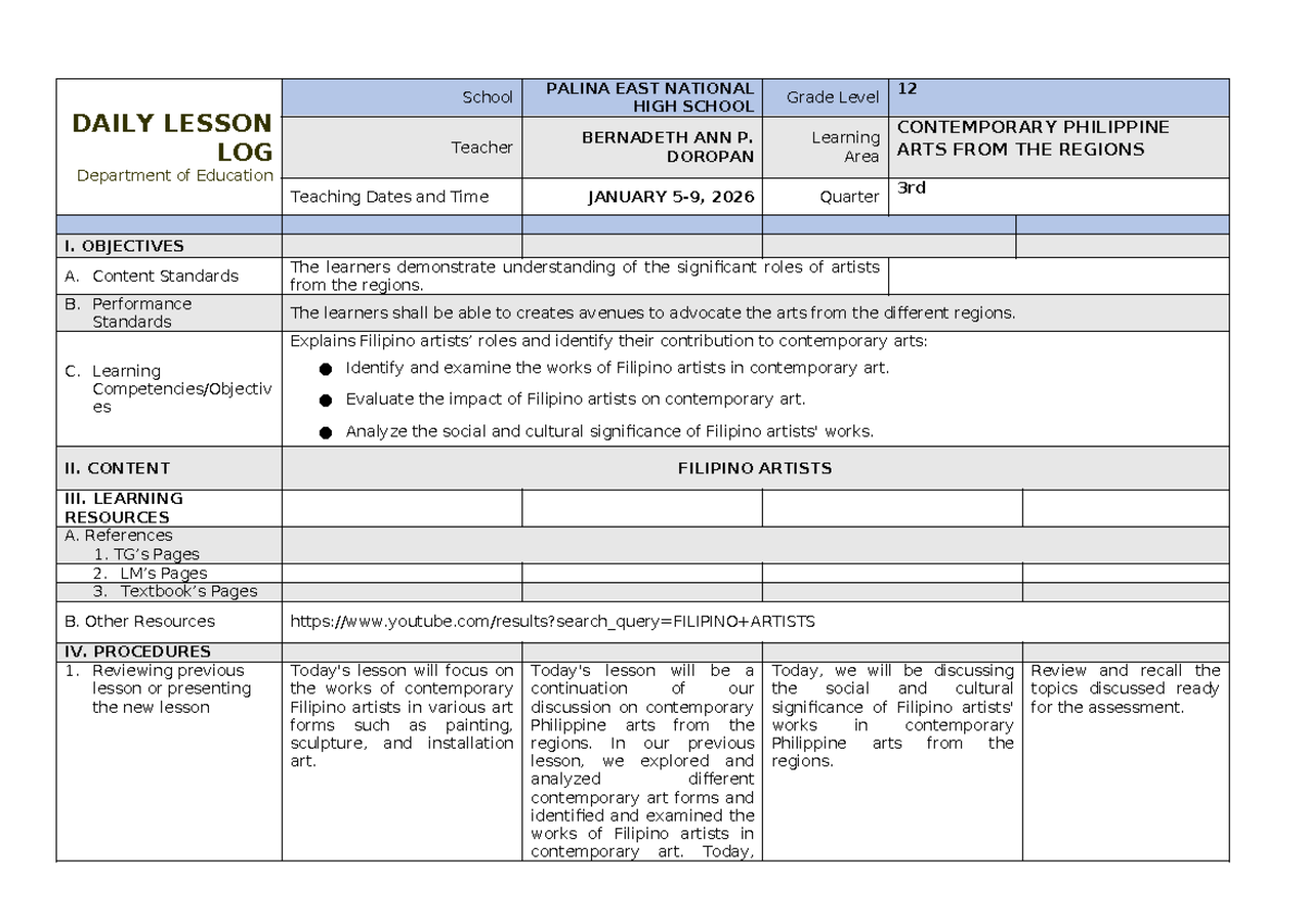 CPAR 12 - WEEK 4 LESSON PLAN ON CONTEMPORARY PHILIPPINE ARTS - Studocu