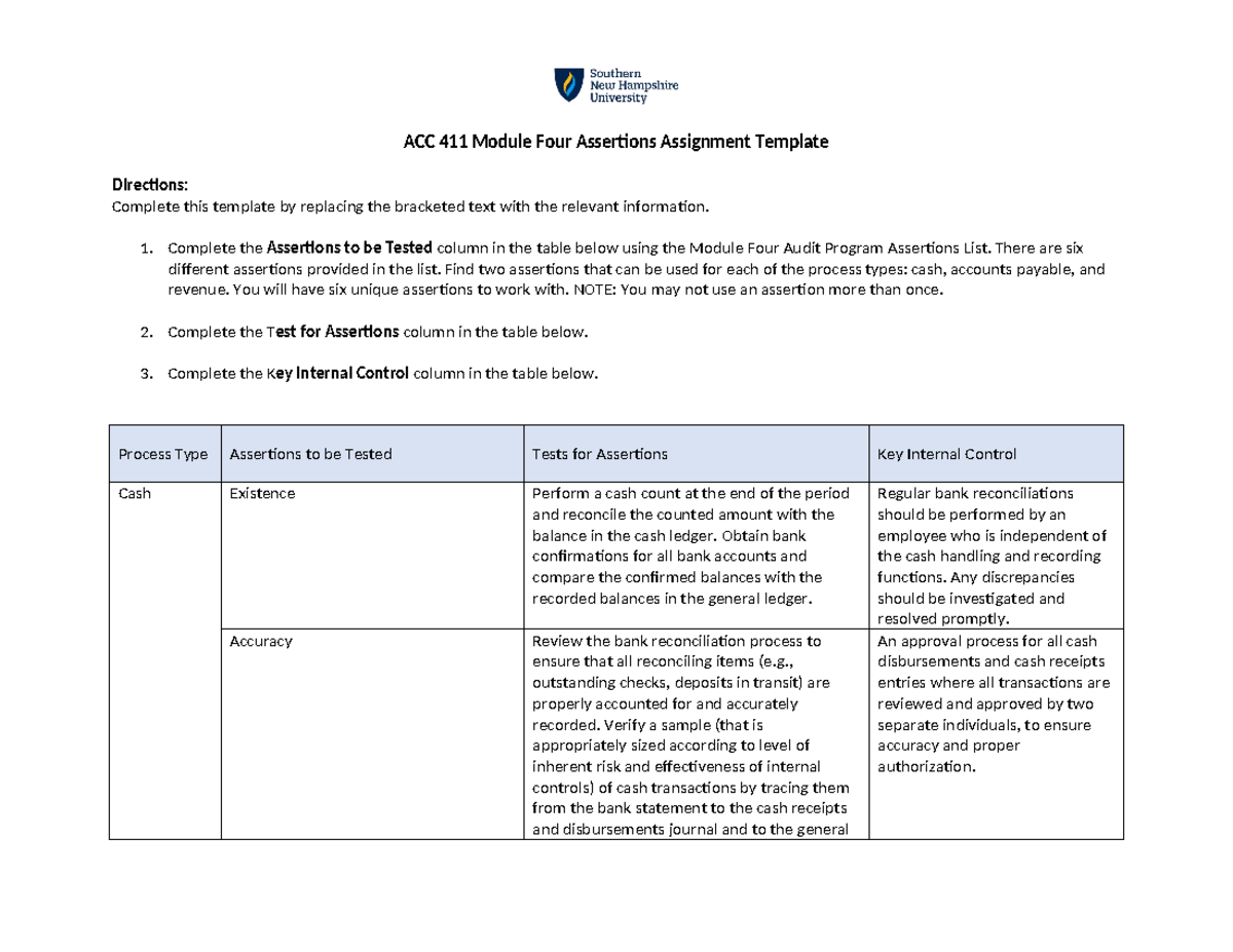 ACC 411 Module 4 Assertions Assignment: Audit Assertions & Tests - Studocu