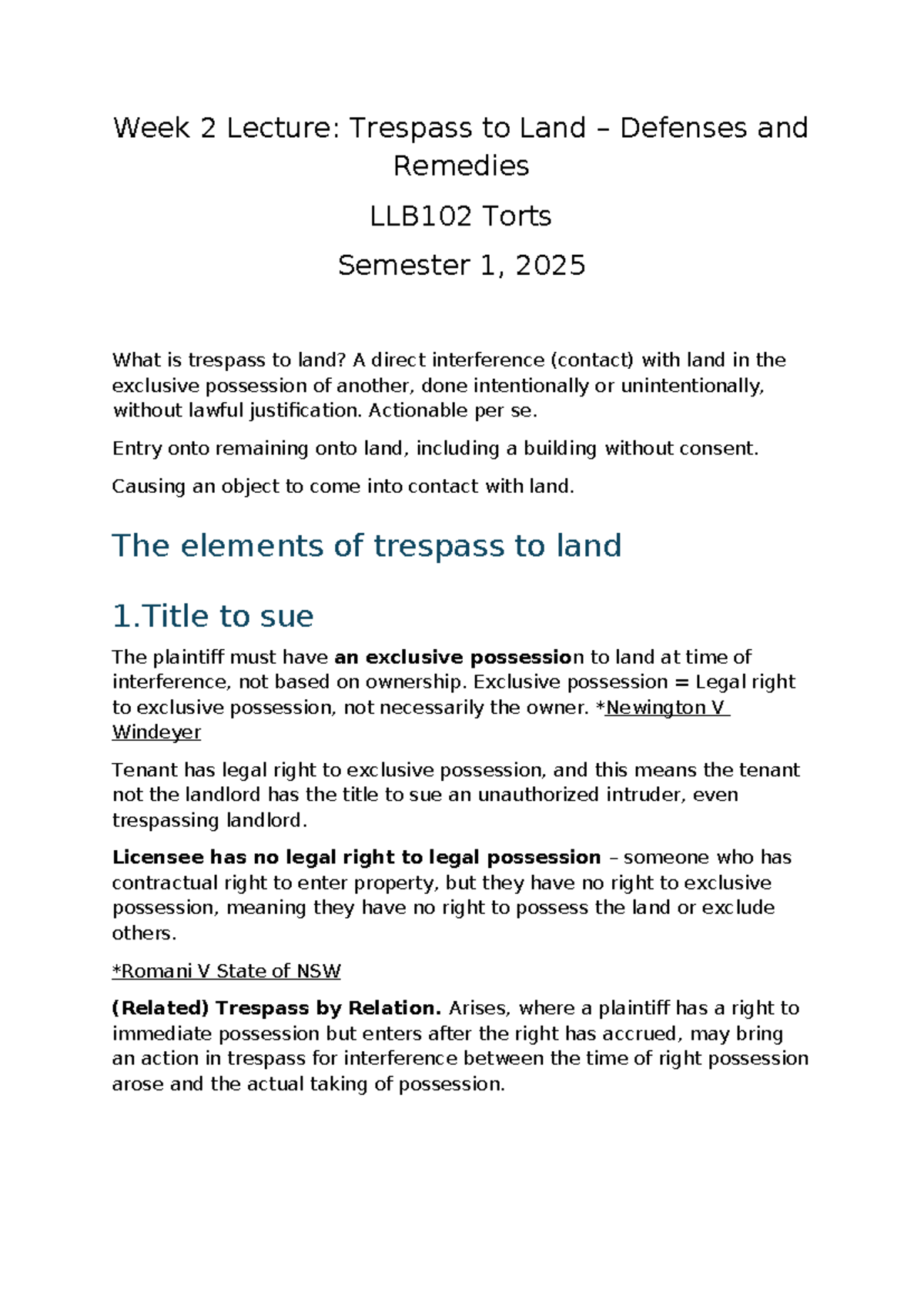 LLB102 Torts: Week 2 Lecture on Trespass to Land Defenses & Remedies ...