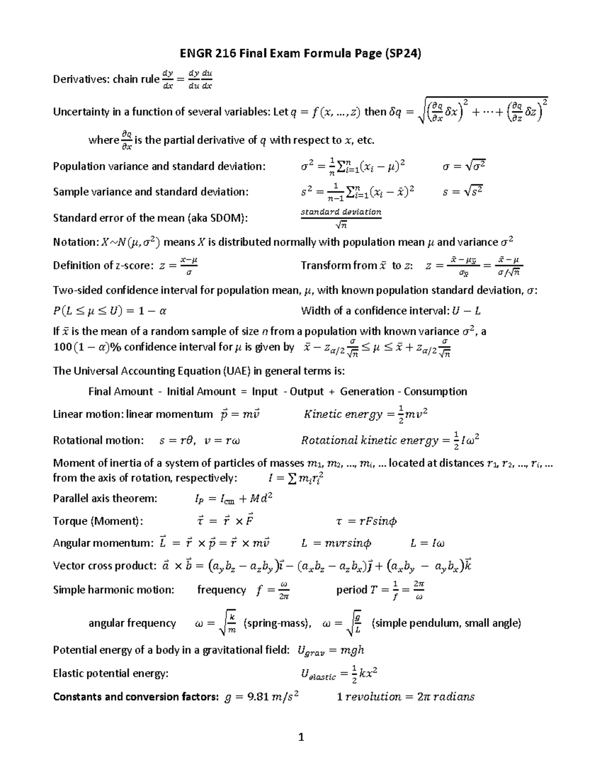 ENGR 216 Final Exam Formula Sheet & Z-Tables (SP24) - Studocu