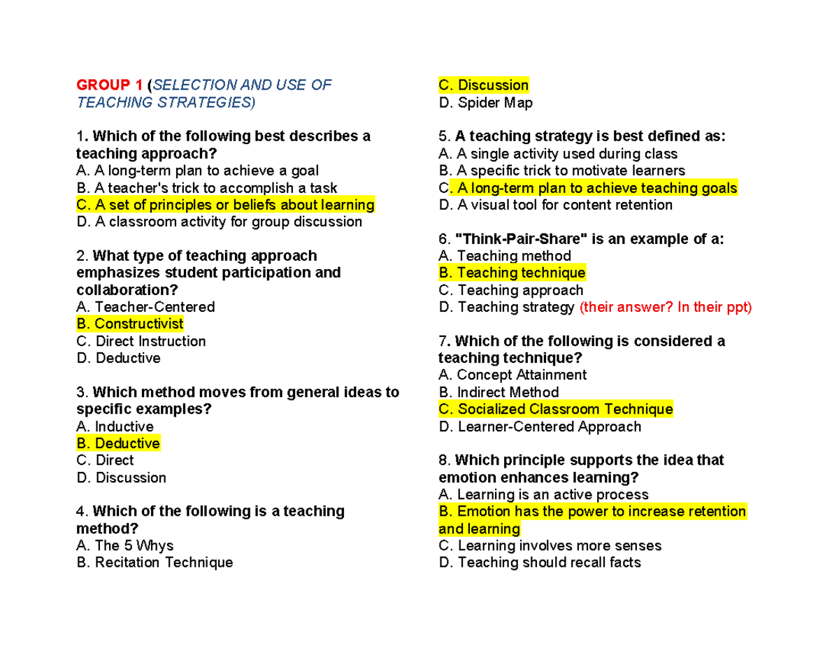 GROUP 1: SELECTION AND USE OF TEACHING STRATEGIES - Lecture Notes - Studocu