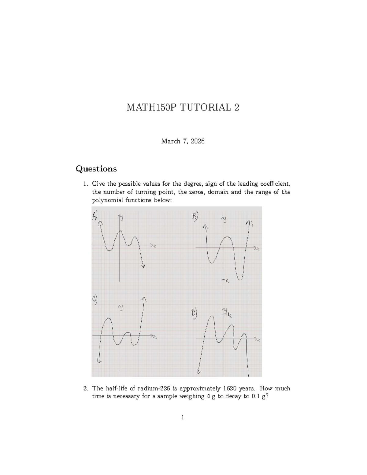 MATH150P TUTORIAL 2 - Polynomial Functions & Limits Analysis - Studocu