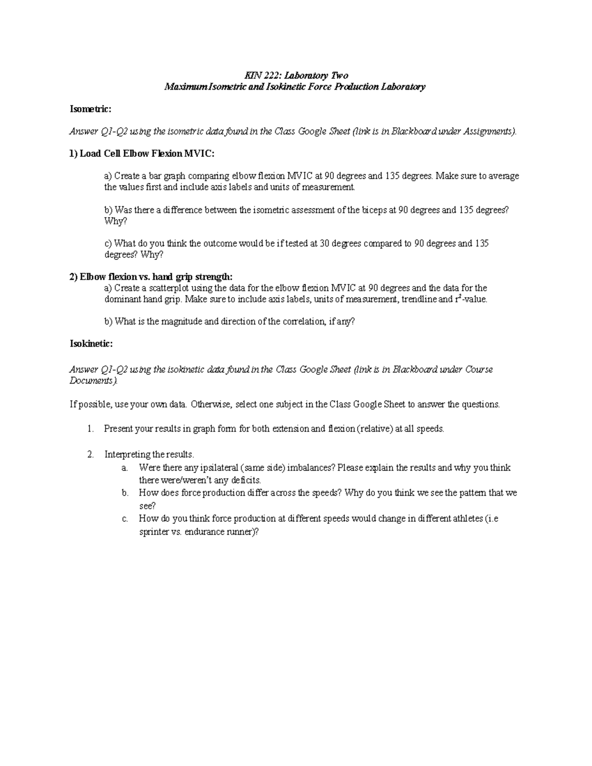 Lab Report 2 - KIN 222: Laboratory Two Maximum Isometric and Isokinetic ...