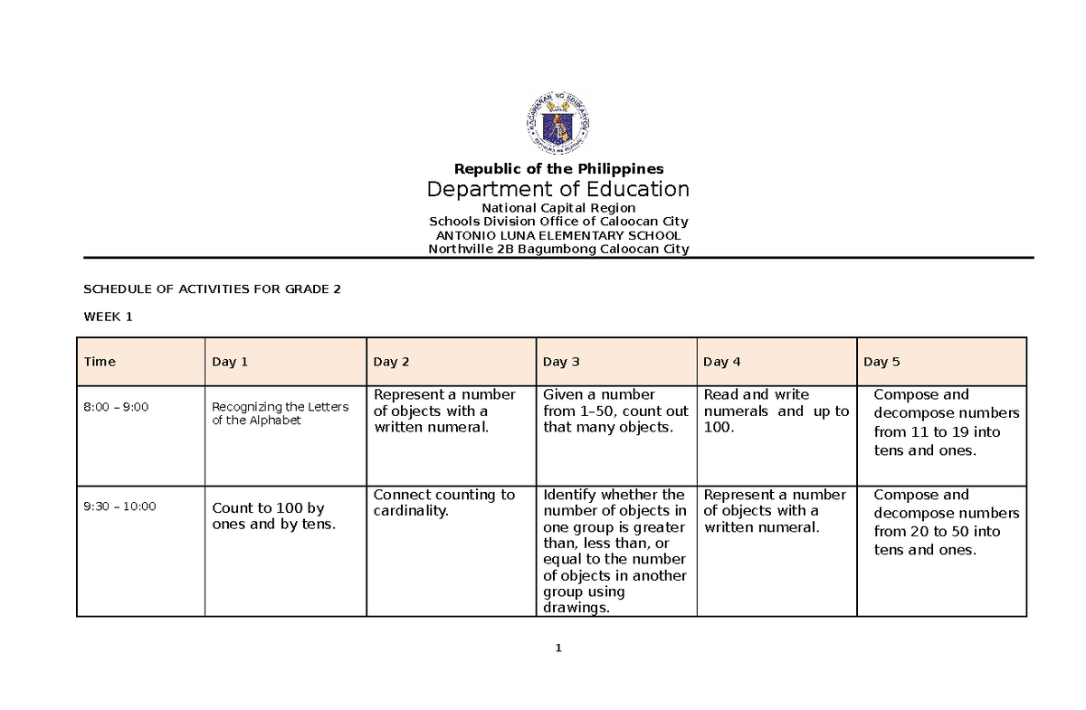 15-Day Literacy and Numeracy Activities for Grade 2 Program - Studocu