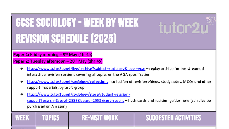 AQA GCSE Sociology Weekly Revision Schedule (2025) - Studocu