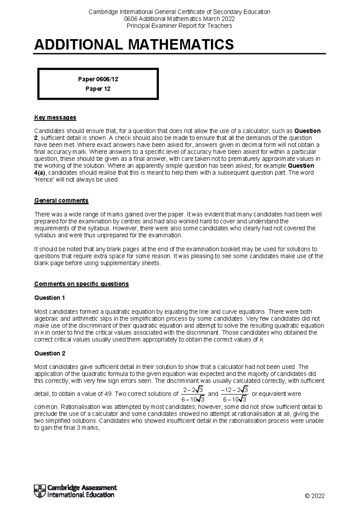 0606 Additional Mathematics March 2022 Principal Examiner Report ...