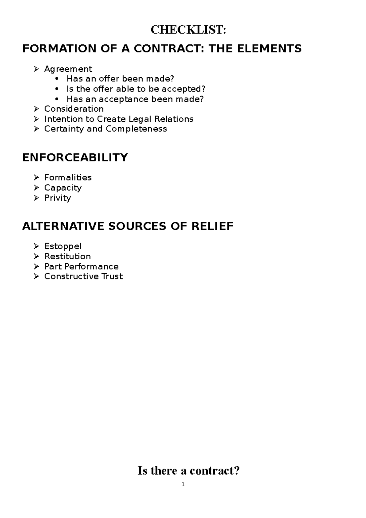 Law Of Contract A Contracts 120 exam final - CHECKLIST: FORMATION OF A ...