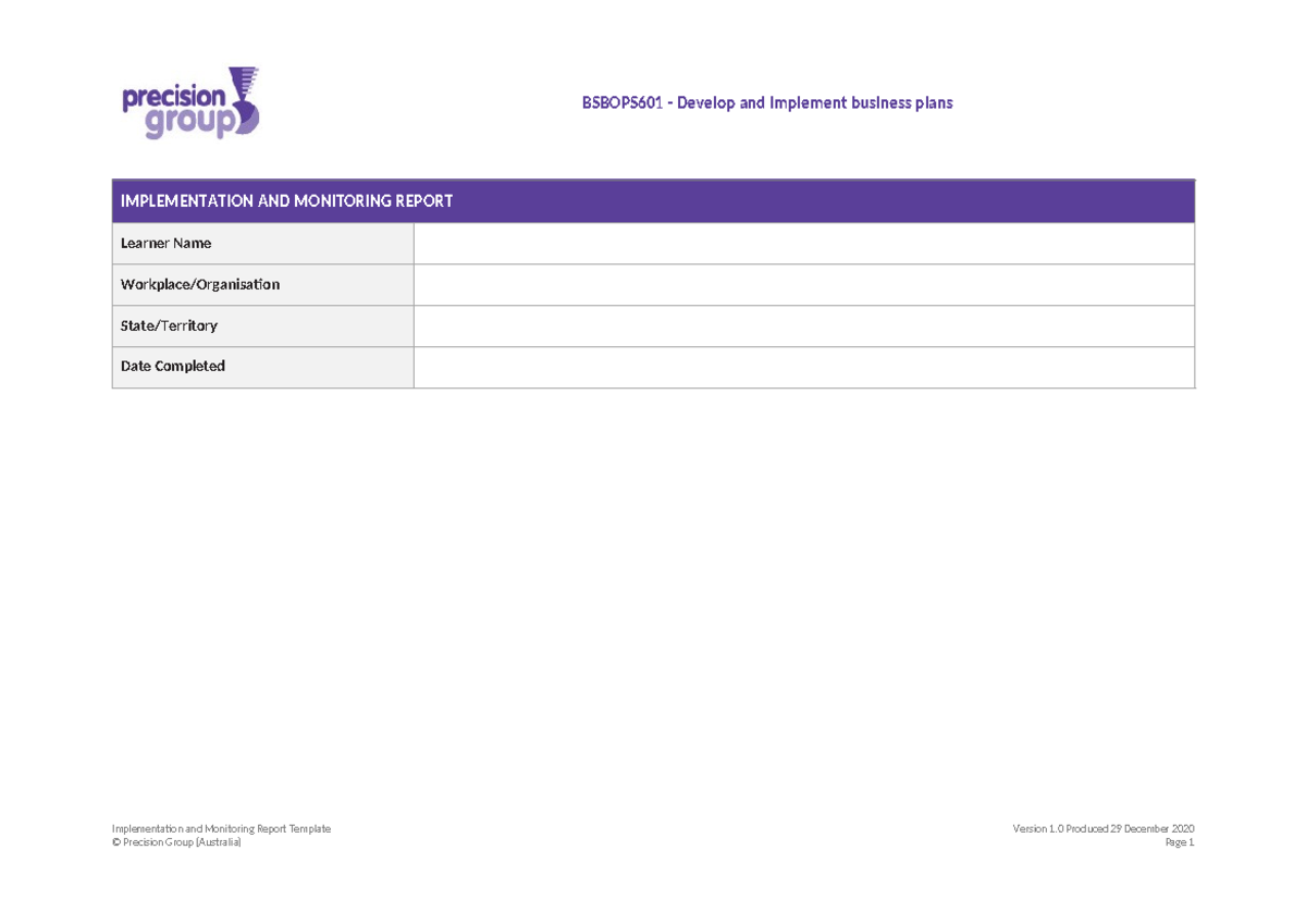 BSBOPS601 Implementation & Monitoring Report Template v1.0 - Studocu