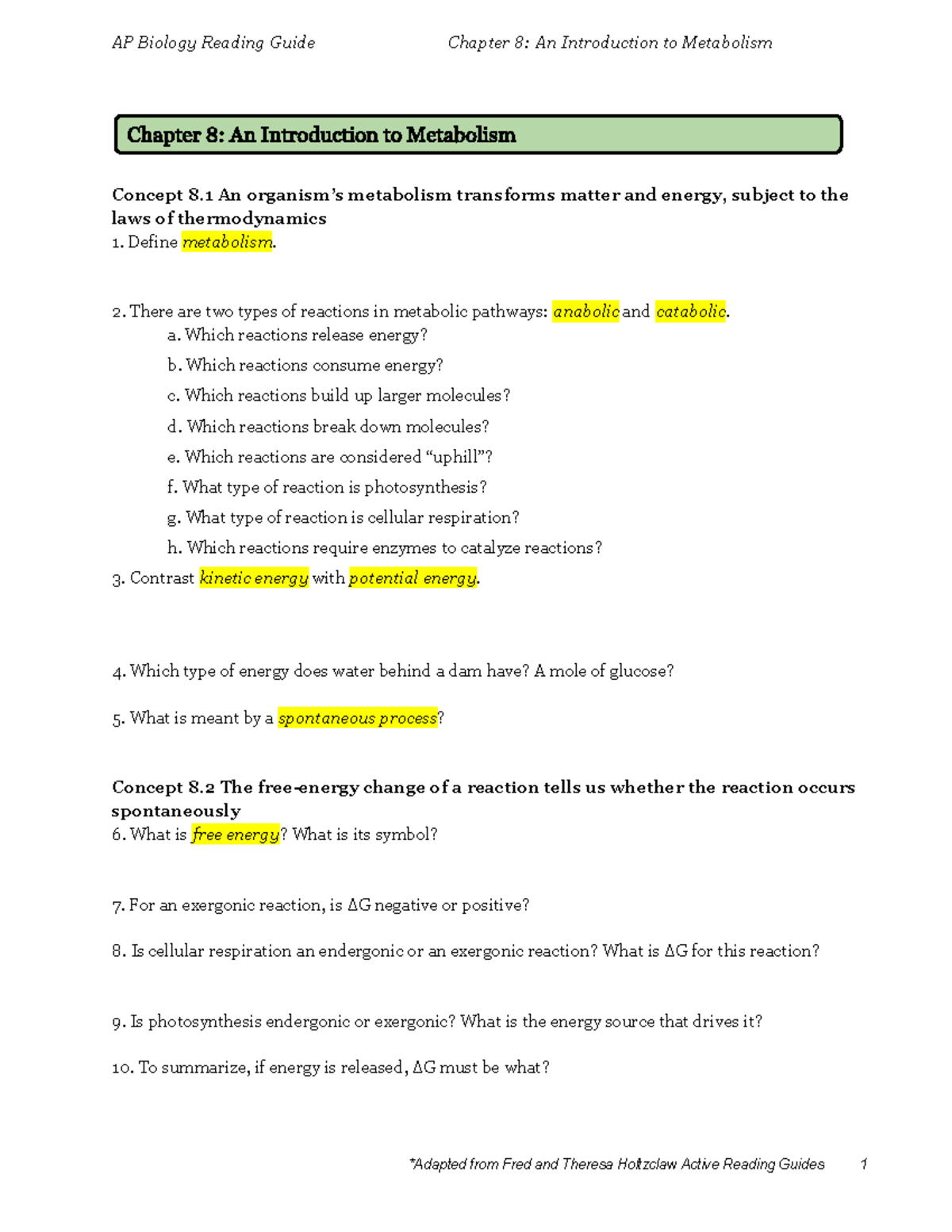 Copy of Chapter 8 - An Introduction to Metabolism - Google Docs ...