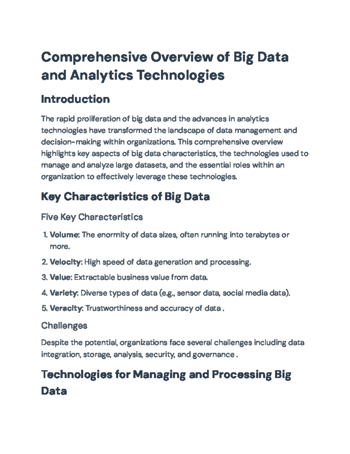 Big Data & Analytics Technologies: A Comprehensive Overview - Studocu