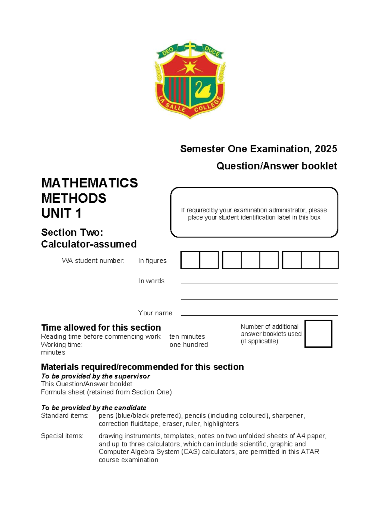 2025 Semester One Exam: Mathematics Methods Unit 1 - Studocu