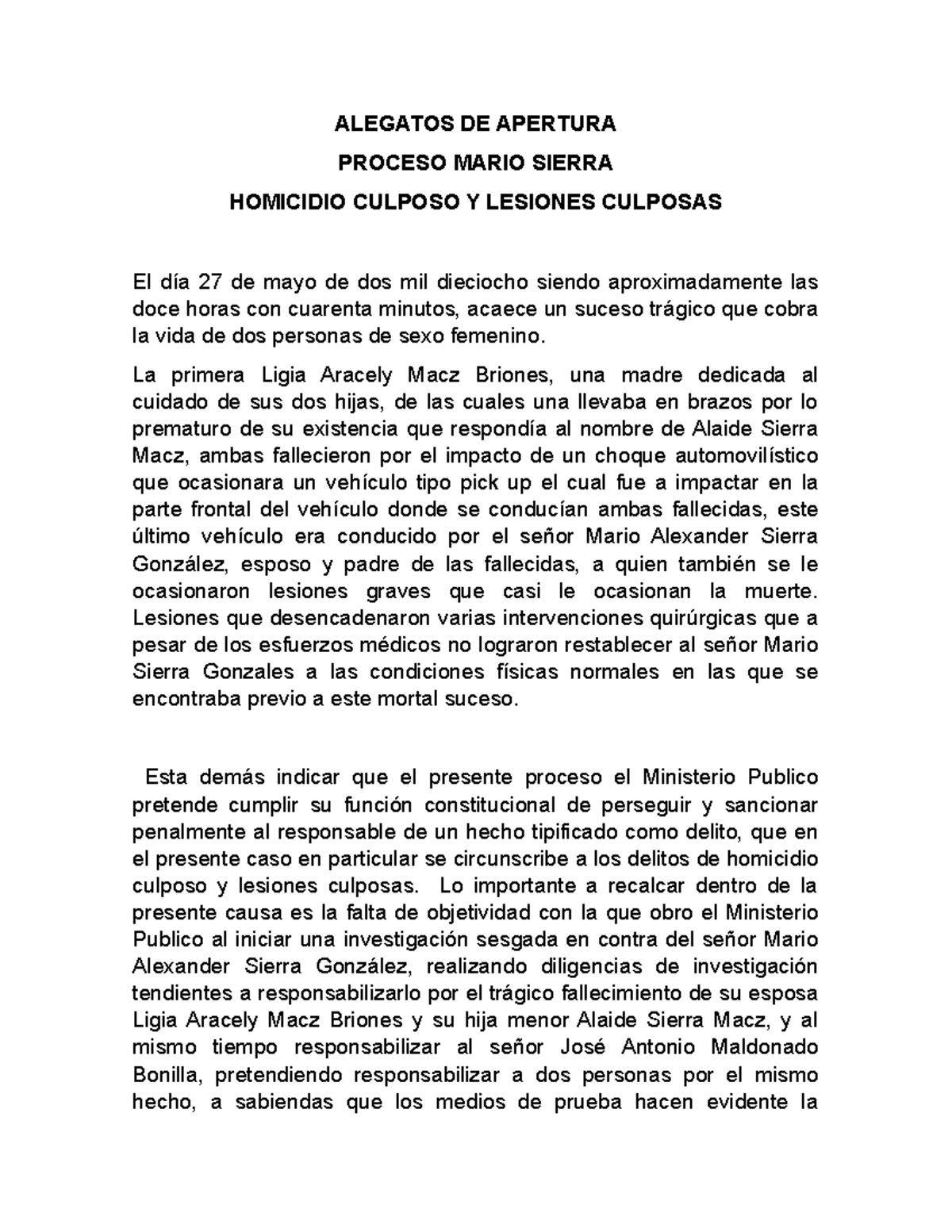 Alegatos de Apertura en el Proceso Penal Mario Sierra - Homicidio ...