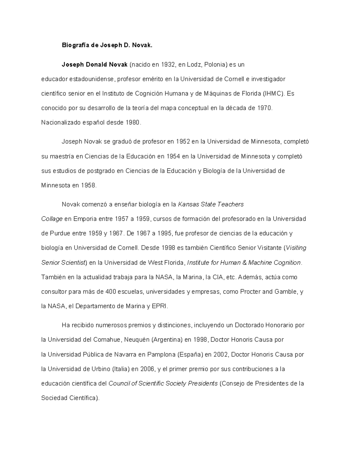 Biografía de Joseph D. Novak - Educador y Teórico del Aprendizaje - Studocu