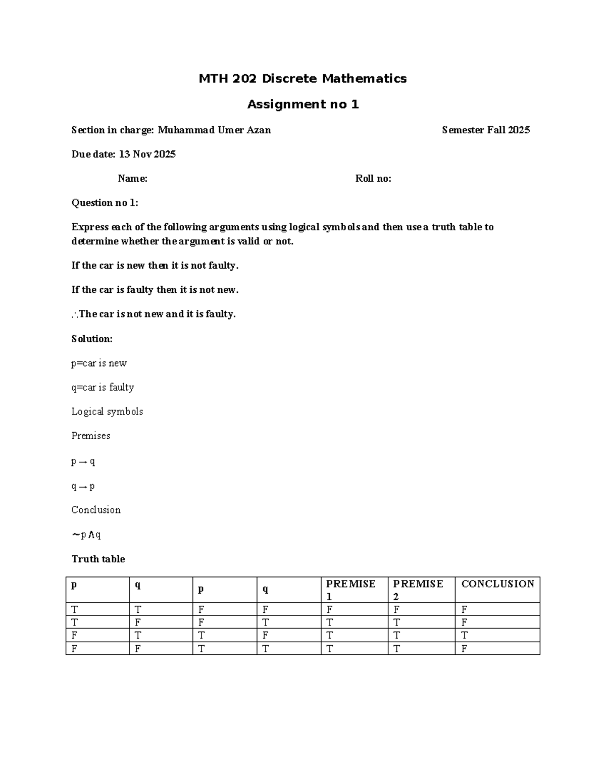 MTH 202 Discrete Mathematics Assignment 1 - Fall 2025 - Studocu