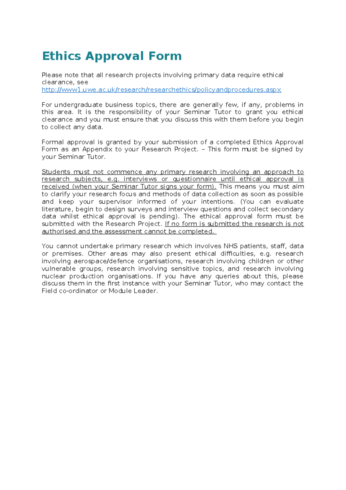 Ethics Approval Form for Research Projects - BUS 101 - Studocu