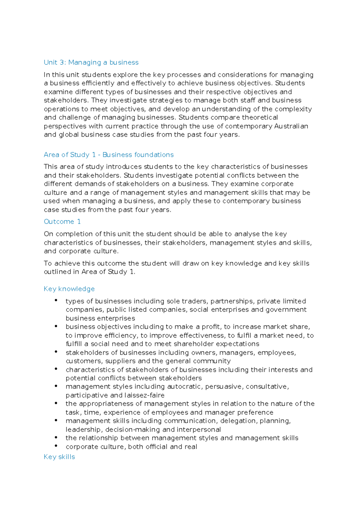 Unit 3: Business Management Exam Notes (AOS 1 & 2) - Studocu